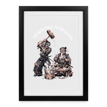 Surreal Samurai Mochi Maker & Eater Vintage Art - Gerahmtes Poster (27 × 37 cm) - Schwarz - Vorne
