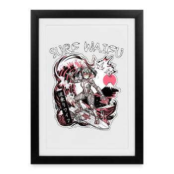 SURF WAIFU Pink Cyberpunk Neo Ukiyo-E Japan - Gerahmtes Poster (27 × 37 cm) - Schwarz - Vorne