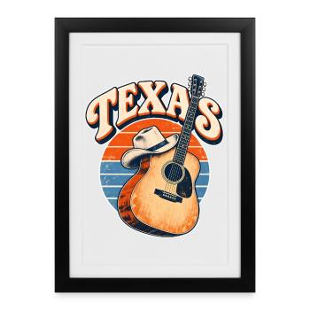 Texas Retro Gitarre & Cowboy Hut - Gerahmtes Poster (27 × 37 cm) - Schwarz - Vorne
