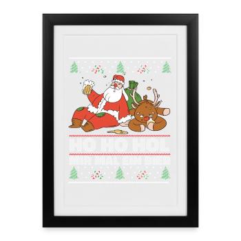 Ho Ho Hol – Weihnachtsmann und Rentier mit Bier - Gerahmtes Poster (27 × 37 cm) - Schwarz - Vorne