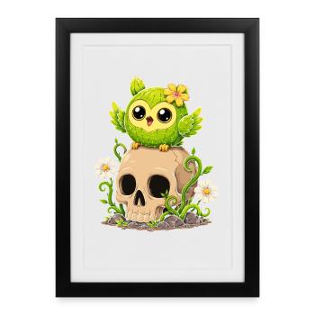  Kaktus-eule Auf Schädel Niedliche - Gerahmtes Poster (27 × 37 cm) - Schwarz - Vorne