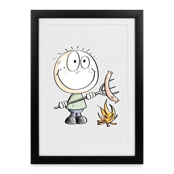 Funny sausage grilling stick figure - Framed poster (27 × 37 cm) - black - Front