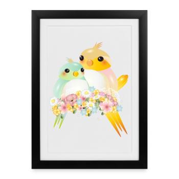 Deux canaris arrondis dans une splendeur de fleurs - Affiche encadrée (27 × 37 cm) - noir - Devant