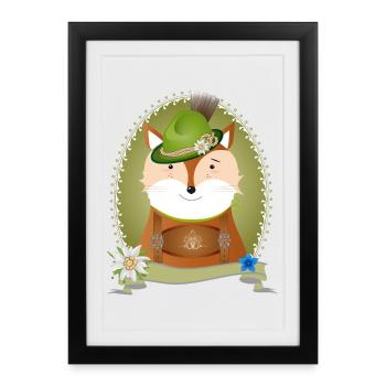 Cute fox in traditional costume with hat and leather pants - Framed poster (27 × 37 cm) - black - Front