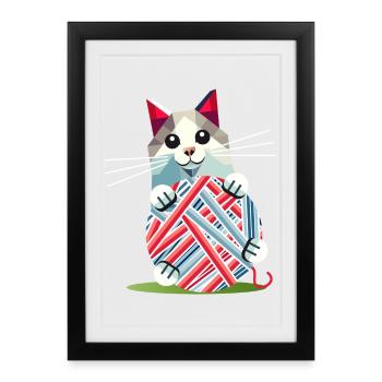 Chat jouant avec une pelote de laine – Motif géométrique - Affiche encadrée (27 × 37 cm) - noir - Devant