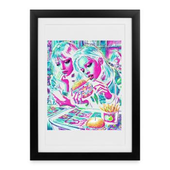 Lebendiger Neon-Cafe-Szenendruck - Gerahmtes Poster (27 × 37 cm) - Schwarz - Vorne