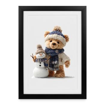 Teddy bear builds a snowman - Framed poster (27 × 37 cm) - black - Front