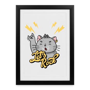 Let's Rock Rock n Roll Vintage Humour Chat - Affiche encadrée (27 × 37 cm) - noir - Devant