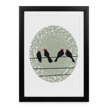 Oiseaux sur une ligne électrique avec des chapeaux de Noël - Affiche encadrée (27 × 37 cm) - noir - Devant