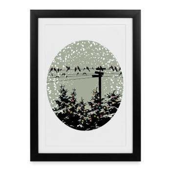 Oiseaux sur une ligne électrique au-dessus d’arbres illuminés - Affiche encadrée (27 × 37 cm) - noir - Devant
