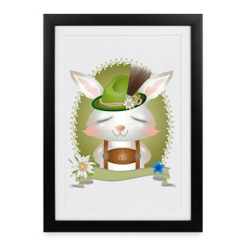 Petit lapin en costume traditionnel avec chapeau et lederhosen - Affiche encadrée (27 × 37 cm) - noir - Devant