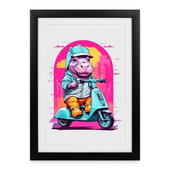 Hippopotame en scooter - Affiche encadrée (27 × 37 cm) - noir - Devant