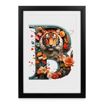 Fiery Tiger and Flowers Illustration - Framed poster (27 × 37 cm) - black - Front