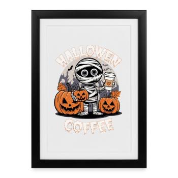 Halloween Mummy with Pumpkins and Coffee - Framed poster (27 × 37 cm) - black - Front