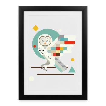 hibou géométrique - Illustration d’animal coloré moderne - Affiche encadrée (27 × 37 cm) - noir - Devant