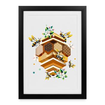 Beehive swarmed by bees and apple blossoms - Framed poster (27 × 37 cm) - black - Front
