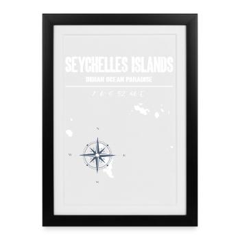 Carte des Seychelles Boussole Vintage Design - Affiche encadrée (27 × 37 cm) - noir - Devant