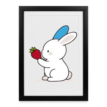 lapin à oreilles bleues ; Lapin à la fraise - Affiche encadrée (27 × 37 cm) - noir - Devant