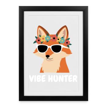Vibe Hunter Renard avec couronne florale - Affiche encadrée (27 × 37 cm) - noir - Devant