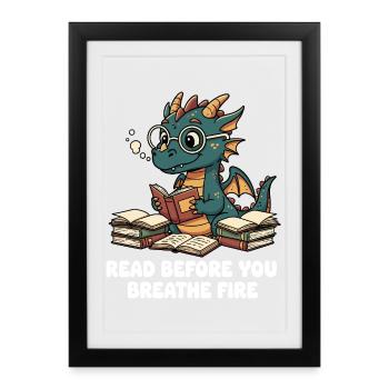 Bücherdrache Lesen statt Feuer - Gerahmtes Poster (27 × 37 cm) - Schwarz - Vorne