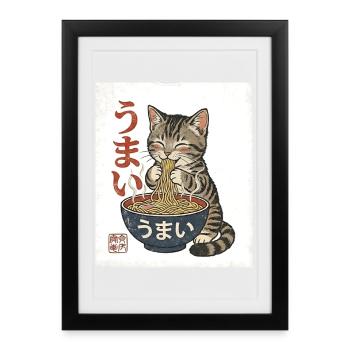 Kawaii Cat Mange des Ramen – Umai Japan Rétro - Affiche encadrée (27 × 37 cm) - noir - Devant
