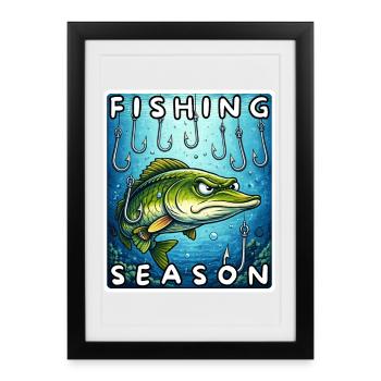 Chemise de pêche drôle de brochet, autocollant - Affiche encadrée (27 × 37 cm) - noir - Devant