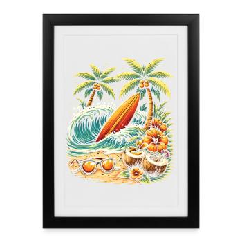 Illustration de planche de surf sur la plage - Affiche encadrée (27 × 37 cm) - noir - Devant