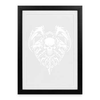 Skull and Twin Wolves Warrior Emblem - Framed poster (27 × 37 cm) - black - Front