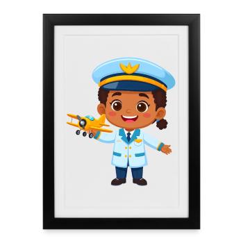 Kawaii Captain with Airplane – Cute Pilot Art - Framed poster (27 × 37 cm) - black - Front
