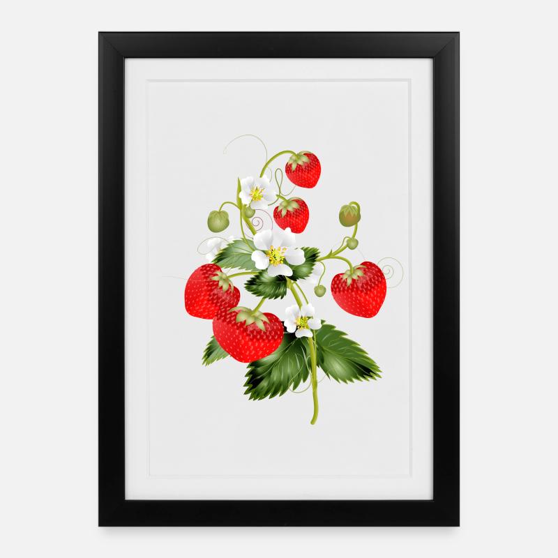 filigrane Erdbeeren Pflanze mit Erdbeeren Blüte - Gerahmtes Poster (27 × 37 cm) - Schwarz