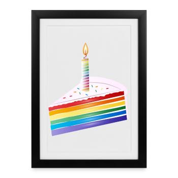 Morceau de gâteau arc-en-ciel avec bougie d’anniversaire - Affiche encadrée (27 × 37 cm) - noir - Devant