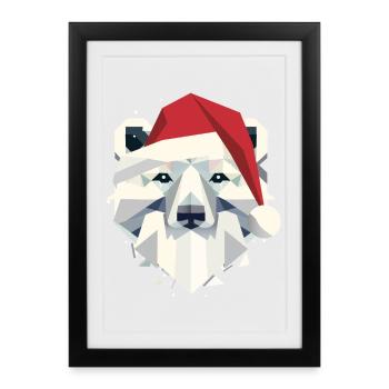 Ours polaire de Noël avec chapeau et barbe de Père Noël - Affiche encadrée (27 × 37 cm) - noir - Devant