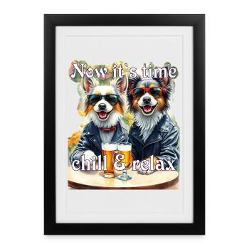 Chiens heureux Lunettes de soleil Bière Motard Loisirs - Affiche encadrée (27 × 37 cm) - noir - Devant