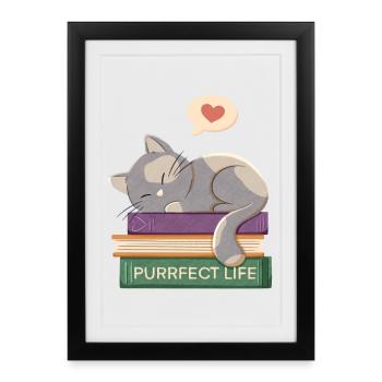 Cat and Books - Purrfect life - Framed poster (27 × 37 cm) - black - Front
