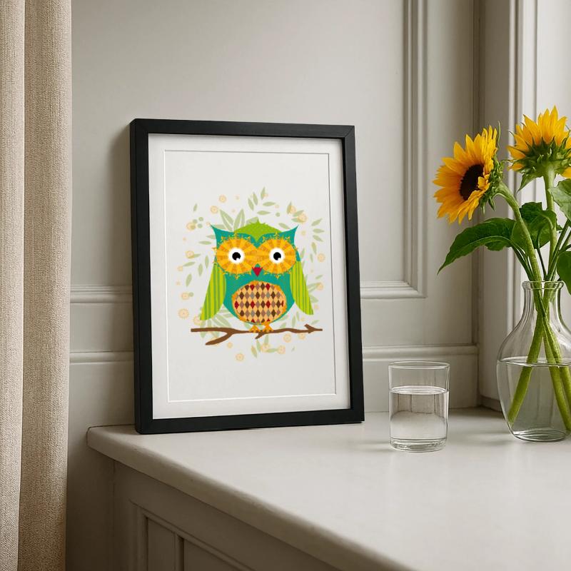 Artfully designed owl with patchwork pattern Framed poster (27 × 37 cm)
