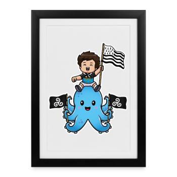 Bretagne Breizh – Enfant Breton Poulpe Gwenn ha Du - Affiche encadrée (27 × 37 cm) - noir - Devant
