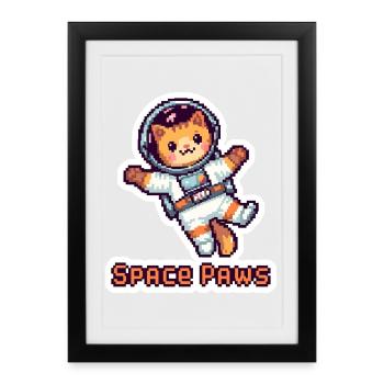 Space Paws - Autocollant d’astronaute Pixel Cat - Affiche encadrée (27 × 37 cm) - noir - Devant