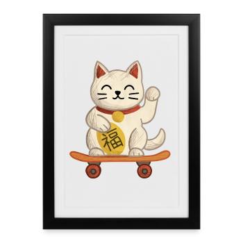 Maneki-neko Chat Planche à roulettes - Affiche encadrée (27 × 37 cm) - noir - Devant