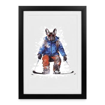French Bulldog Dog Ski Skiing - Framed poster (27 × 37 cm) - black - Front