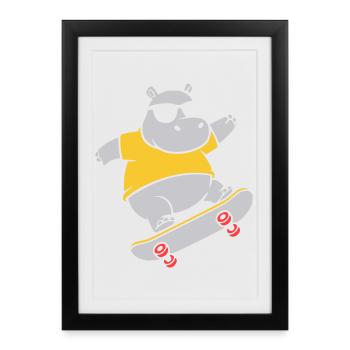 Cooles Nilpferd Skater Skateboard Vektor - Gerahmtes Poster (27 × 37 cm) - Schwarz - Vorne