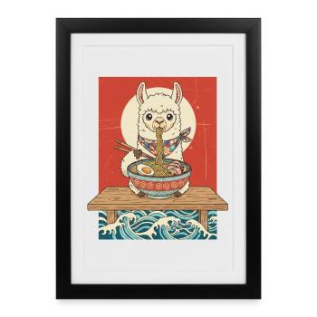 Nouilles ramen au lama Kawaii - Affiche encadrée (27 × 37 cm) - noir - Devant