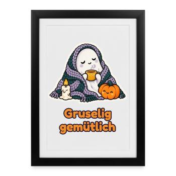 Gruselig gemütlich – Geist mit Decke und Tee - Gerahmtes Poster (27 × 37 cm) - Schwarz - Vorne