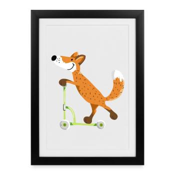 Petit renard sur son scooter vert - Enfants - Affiche encadrée (27 × 37 cm) - noir - Devant