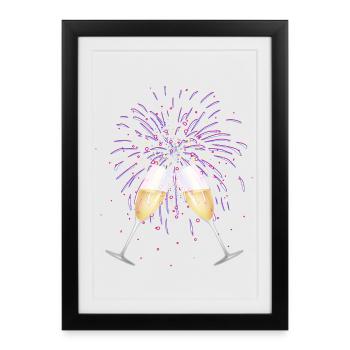 deux coupes de avec du vin mousseux pour les feux d’artifice du Nouvel An - Affiche encadrée (27 × 37 cm) - noir - Devant