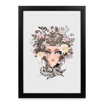 Portrait d’une jeune femme avec des fleurs dans les cheveux - Affiche encadrée (27 × 37 cm) - noir - Devant