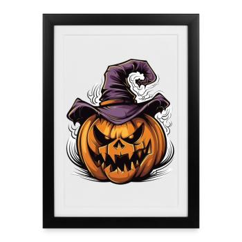Citrouille d’Halloween effrayante avec chapeau de sorcière - Affiche encadrée (27 × 37 cm) - noir - Devant
