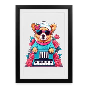 Chien avec piano - Affiche encadrée (27 × 37 cm) - noir - Devant