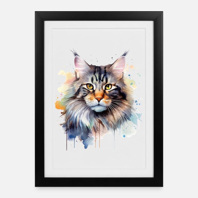 Katze Wasserfarben Maincoon - Gerahmtes Poster (27 × 37 cm) - Schwarz