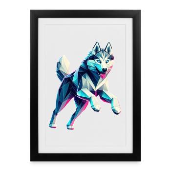 chien husky qui court origami géométrique 3d - Affiche encadrée (27 × 37 cm) - noir - Devant