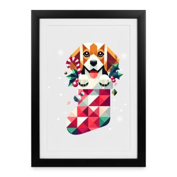 Beagle dans un bas de Noël coloré - Affiche encadrée (27 × 37 cm) - noir - Devant